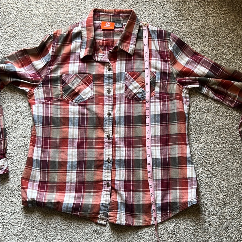MERRELL Plaid Button Down 100% Cotton Women’s Large Burnt Orange Red Gray Pocket - Picture 7 of 11